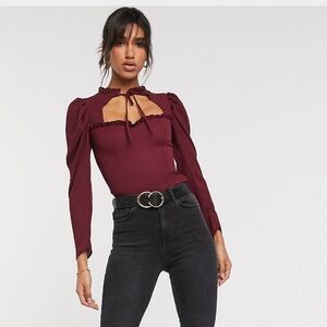 ASOS Design sz 14 tie neck, sweetheart neckline, oxblood red blouse w/ sleeves